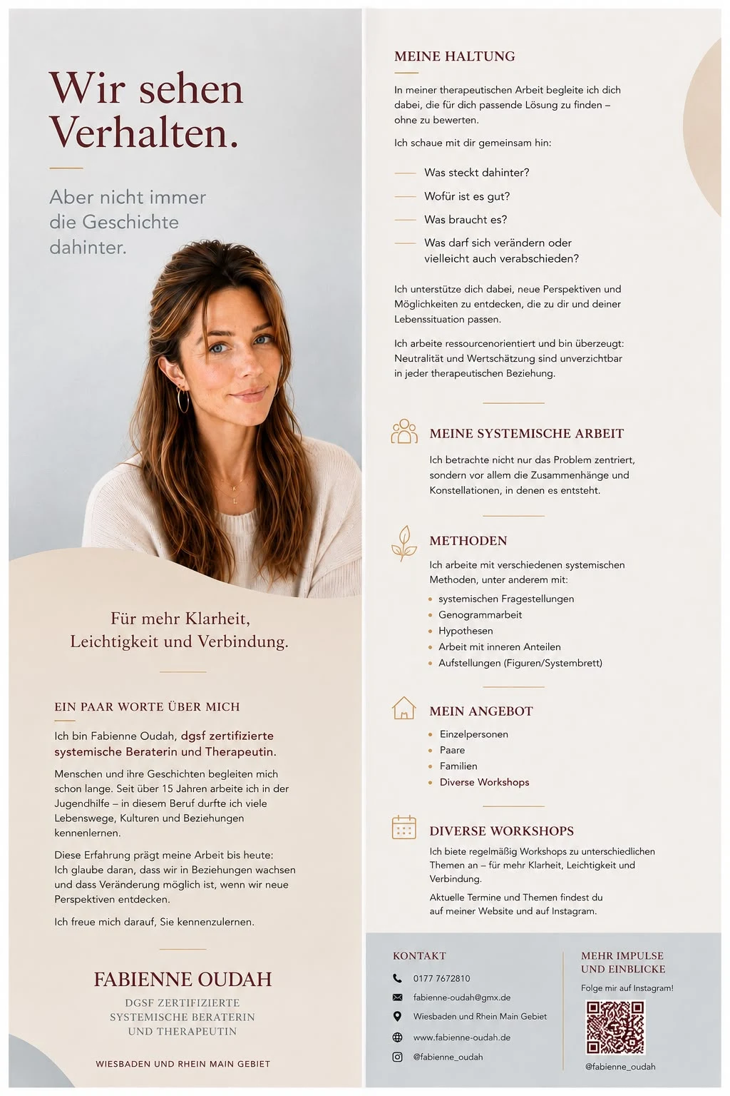 Zweiseitiger Flyer über Fabienne Oudah: Wir sehen Verhalten. Aber nicht immer die Geschichte dahinter. Mit Informationen zu Haltung, Methoden und Kontakt.