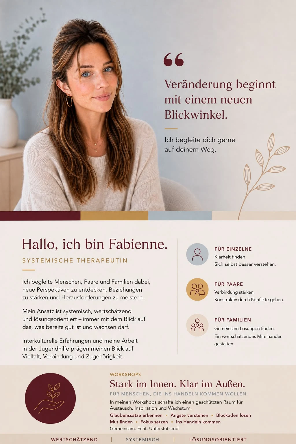 Flyer mit Fabiennes Porträt, dem Leitsatz Veränderung beginnt mit einem neuen Blickwinkel und Angeboten für Einzelne, Paare und Familien.