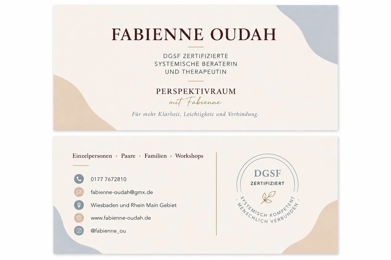 Vorder- und Rückseite der Visitenkarte von Fabienne Oudah mit DGSF Zertifizierung und Kontaktdaten.